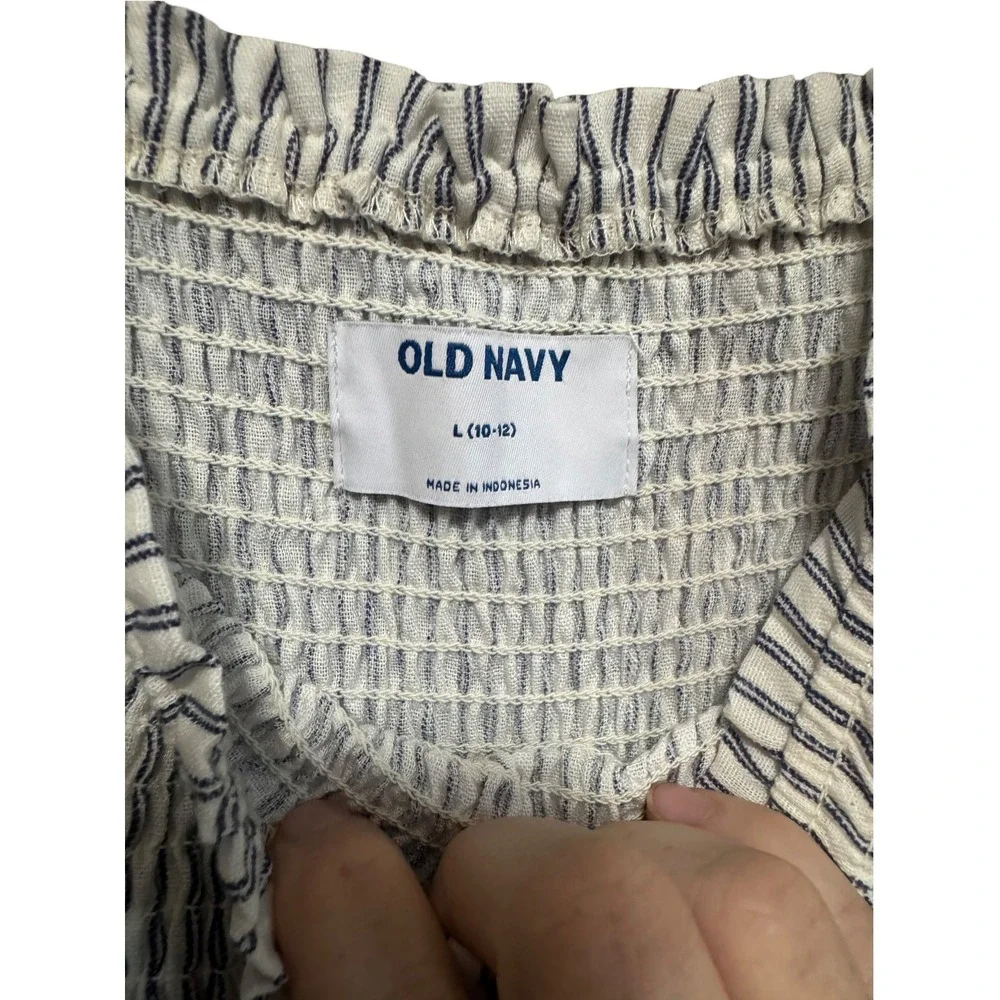 Old Navy Jumpsuit Girls L 10-12 Blue White Striped Smocked Ruffle Excellent